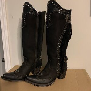 Old Gringo Black Studded Fringe Heeled Boots